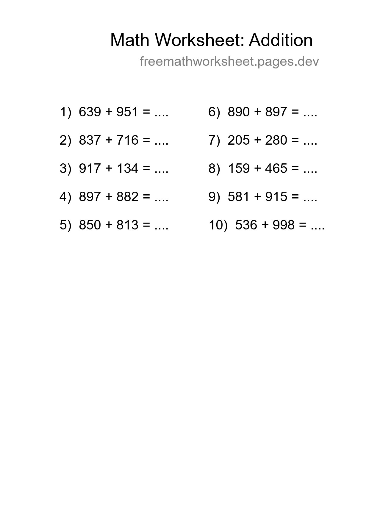 Printable Free 10 Addition Math Worksheet For Grade 5 - Part 181