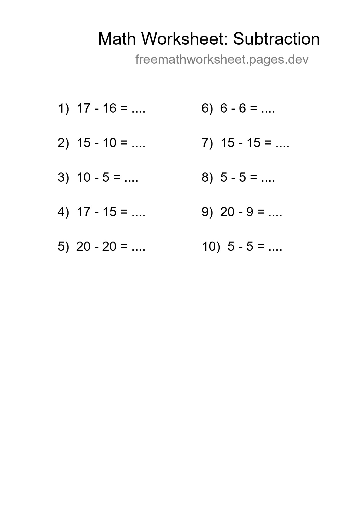 Printable Free 10 Subtraction Math Worksheet For Grade 2 - Part 148