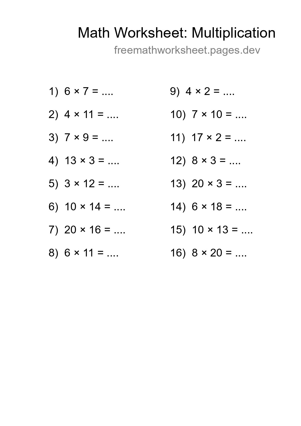 Printable Free 16 Multiplication Math Worksheet For Grade 2 - Part 257