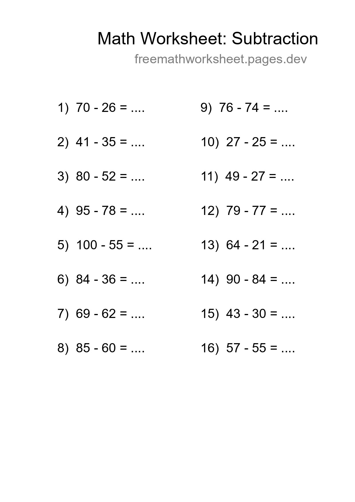 Printable Free 16 Subtraction Math Worksheet For Grade 3 - Part 258