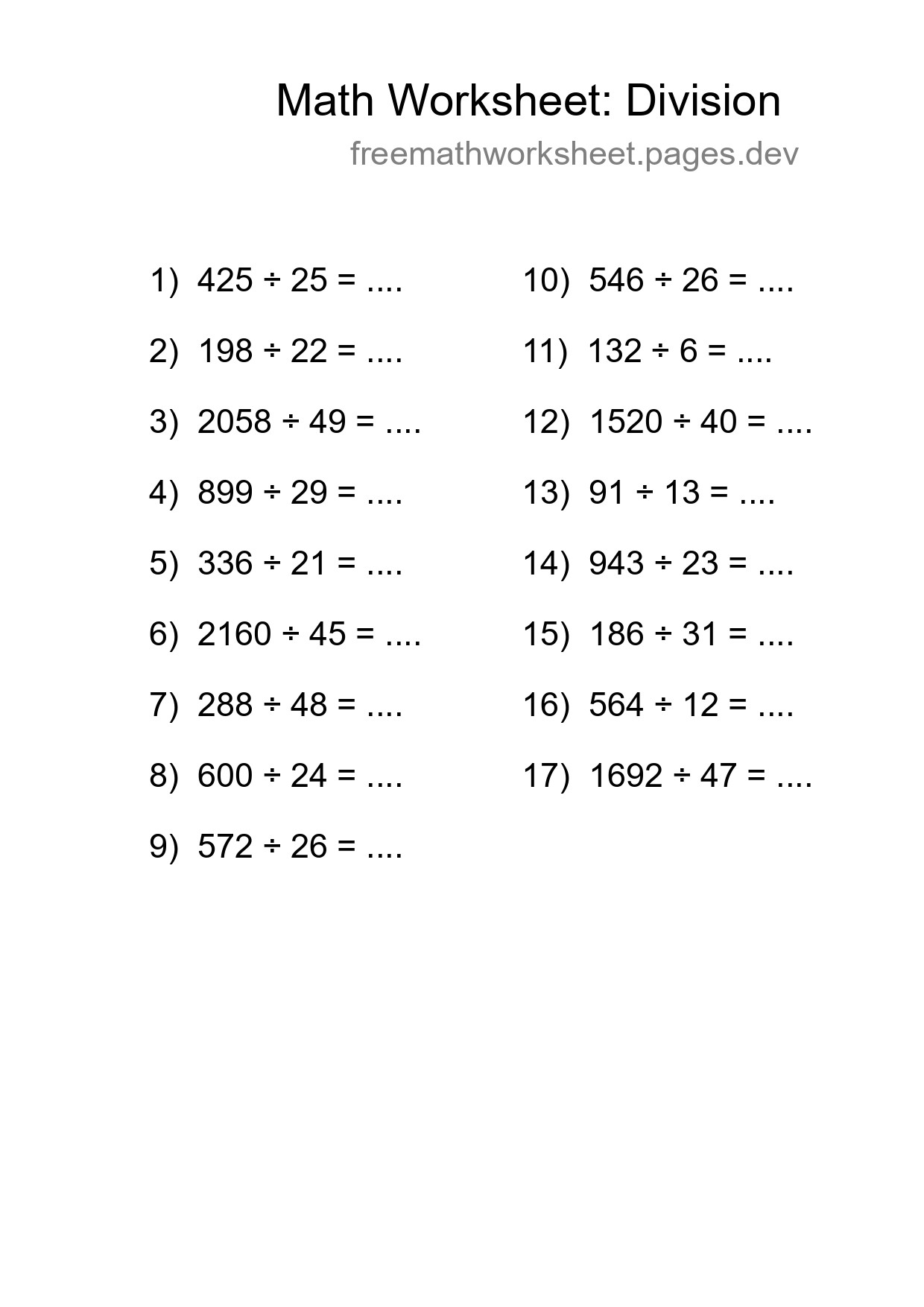 Printable Free 17 Division Math Worksheet For Grade 2 - Part 184