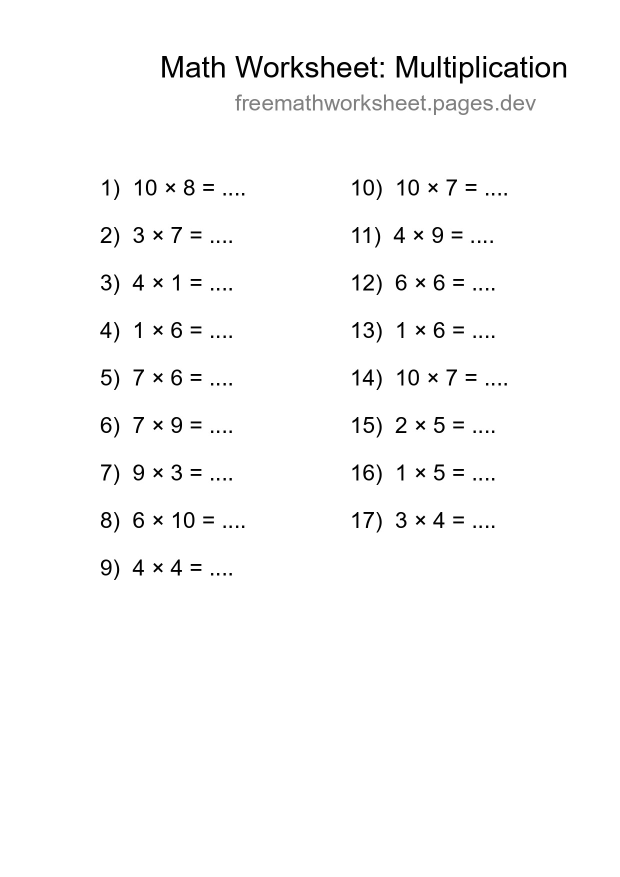 Printable Free 17 Multiplication Math Worksheet For Grade 1 - Part 37