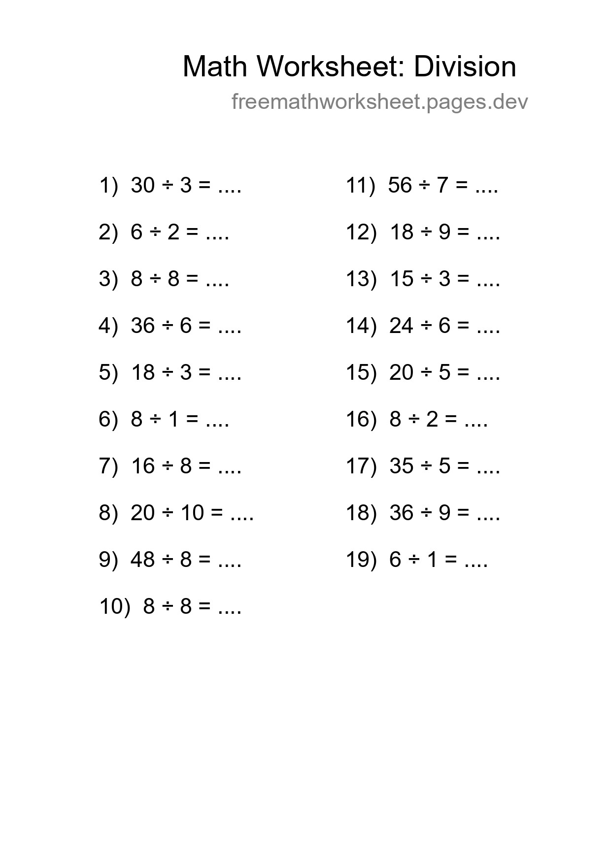 Printable Free 19 Division Math Worksheet For Grade 1 - Part 244