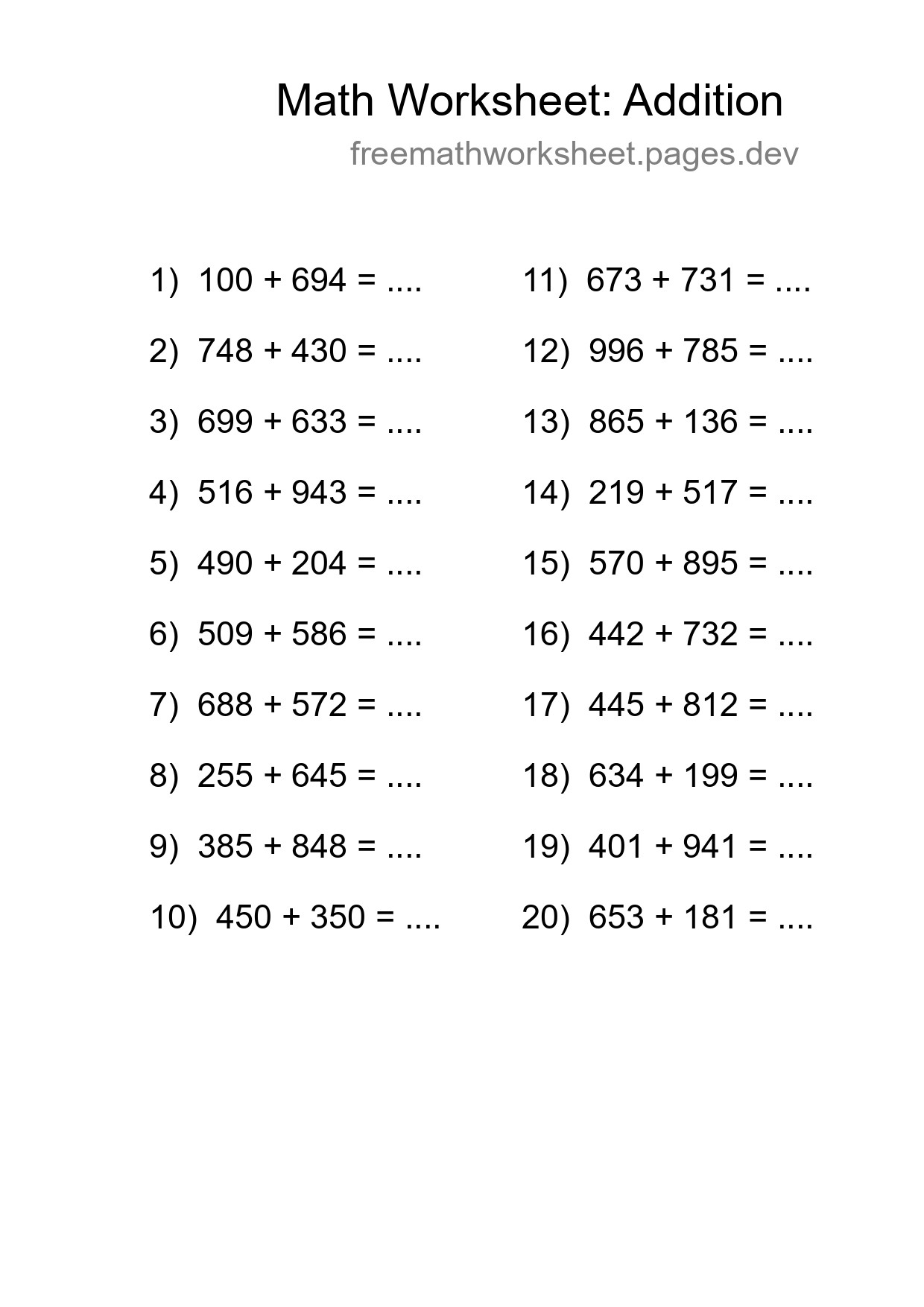 Printable Free 20 Addition Math Worksheet For Grade 5 - Part 131