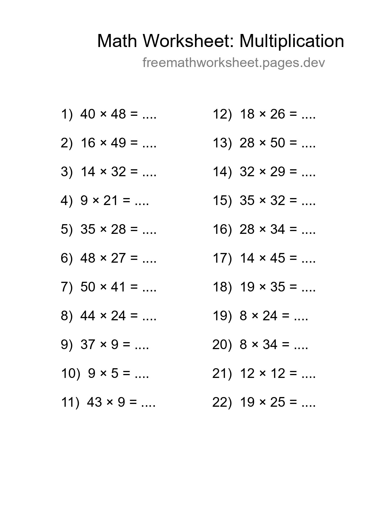 Printable Free 22 Multiplication Math Worksheet For Grade 2 - Part 267