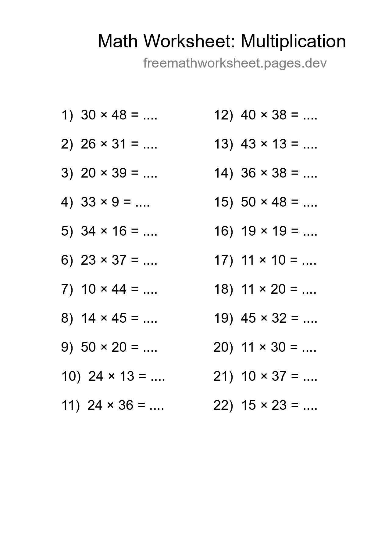 Printable Free 22 Multiplication Math Worksheet For Grade 2 - Part 47