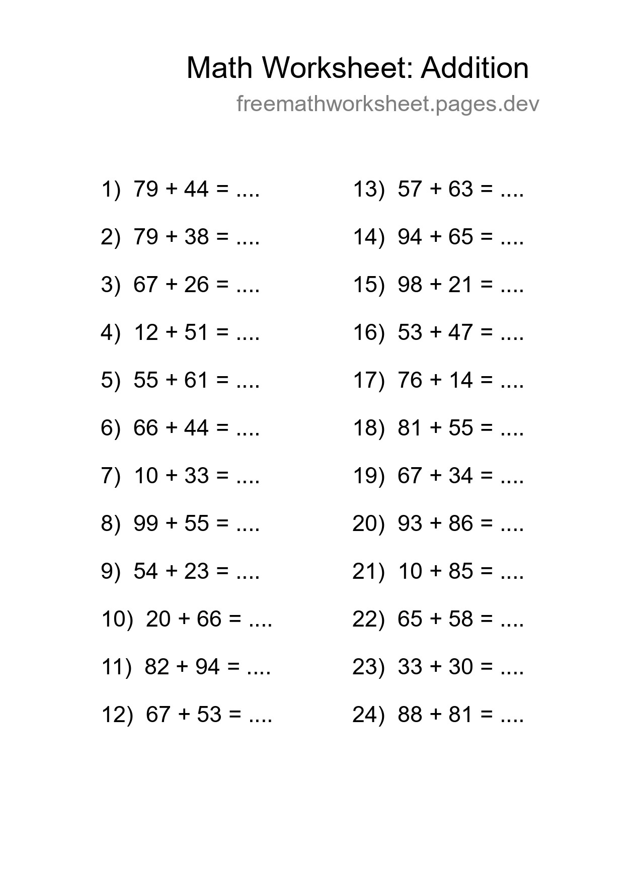 Printable Free 24 Addition Math Worksheet For Grade 3 - Part 121