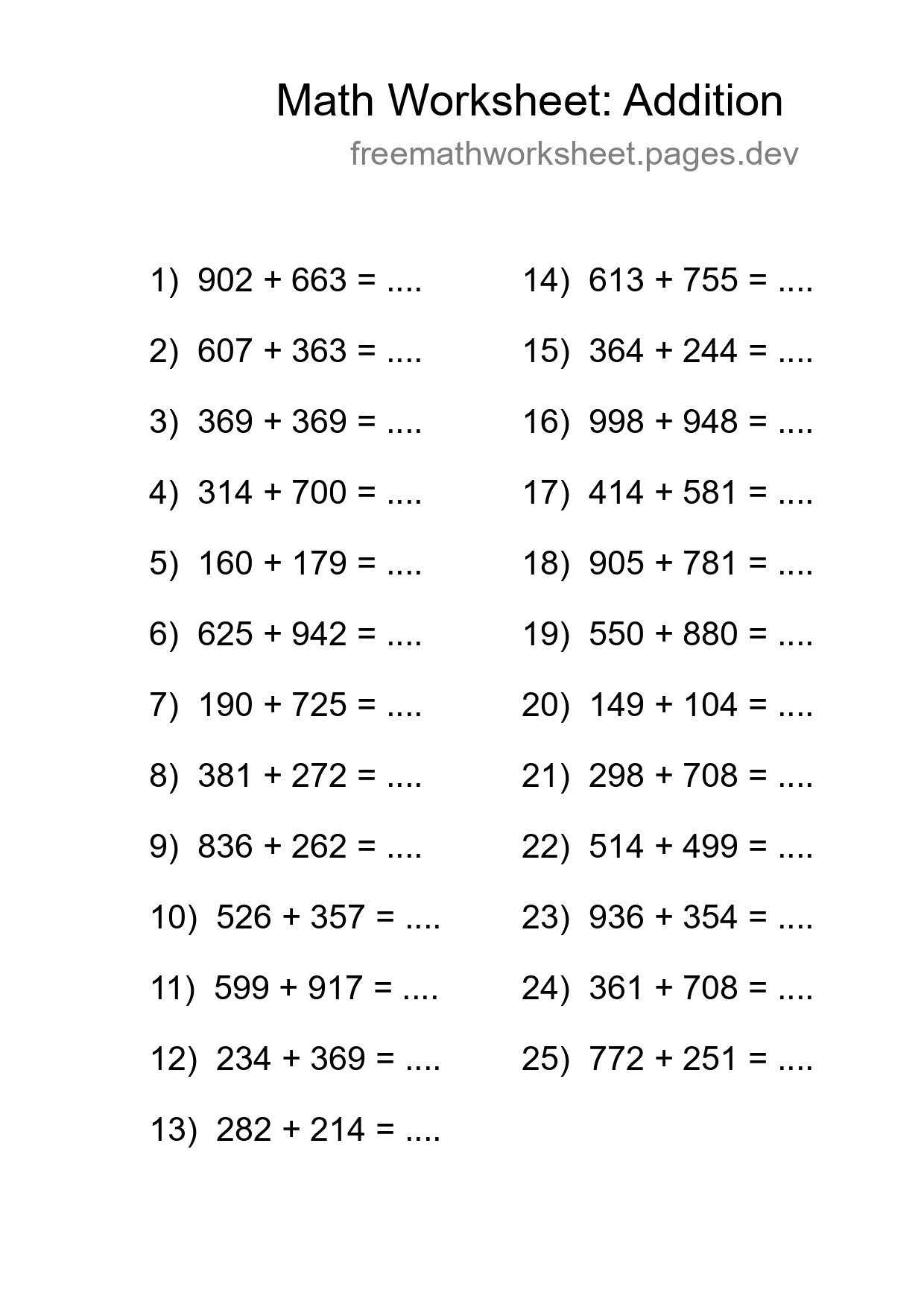 Printable Free 25 Addition Math Worksheet For Grade 5 - Part 161