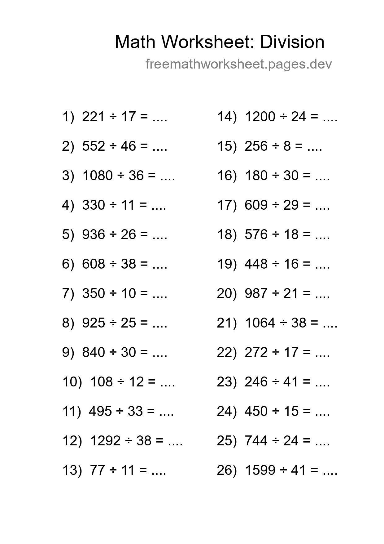 Printable Free 26 Division Math Worksheet For Grade 2 - Part 124