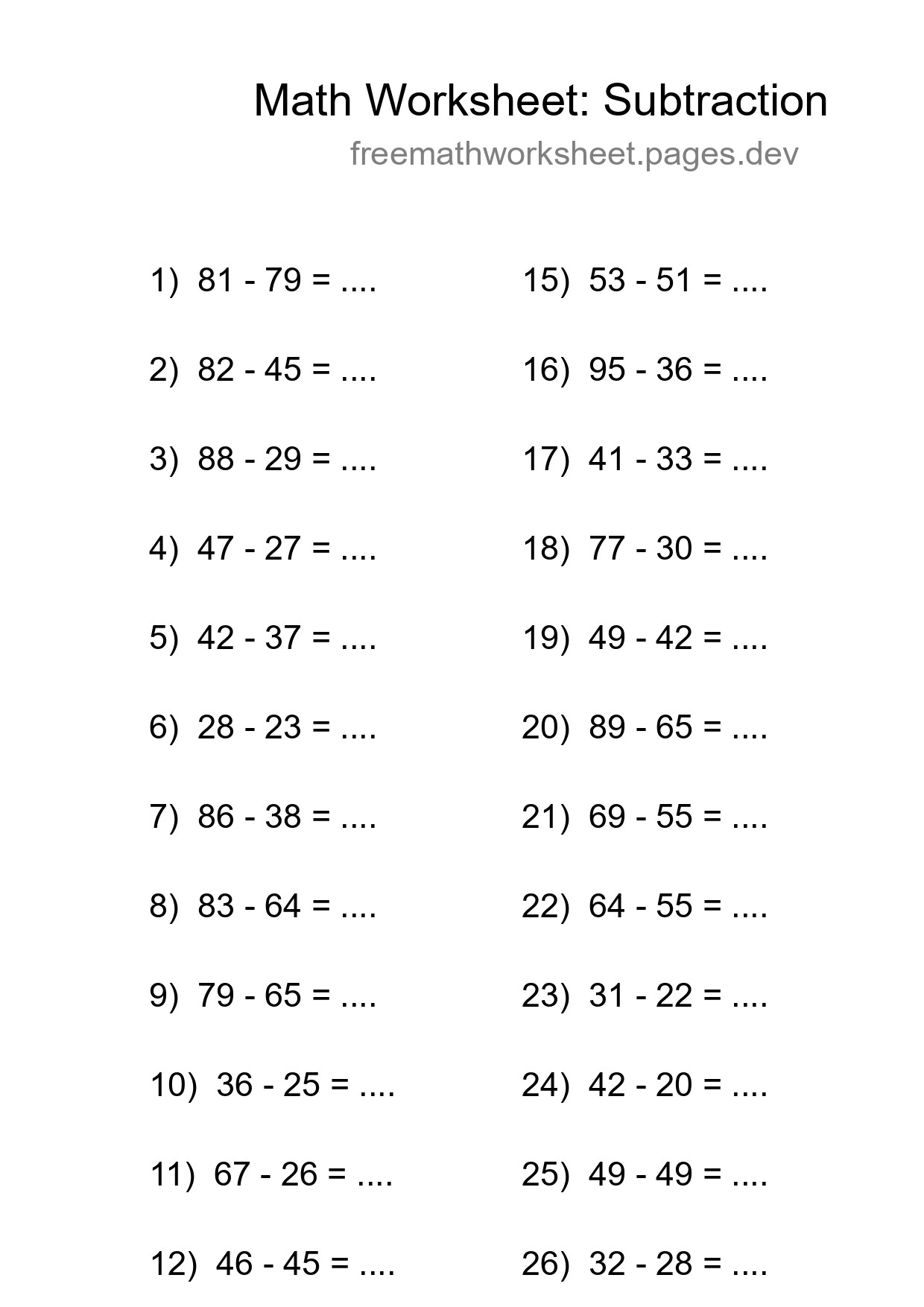 Printable Free 28 Subtraction Math Worksheet For Grade 3 - Part 188