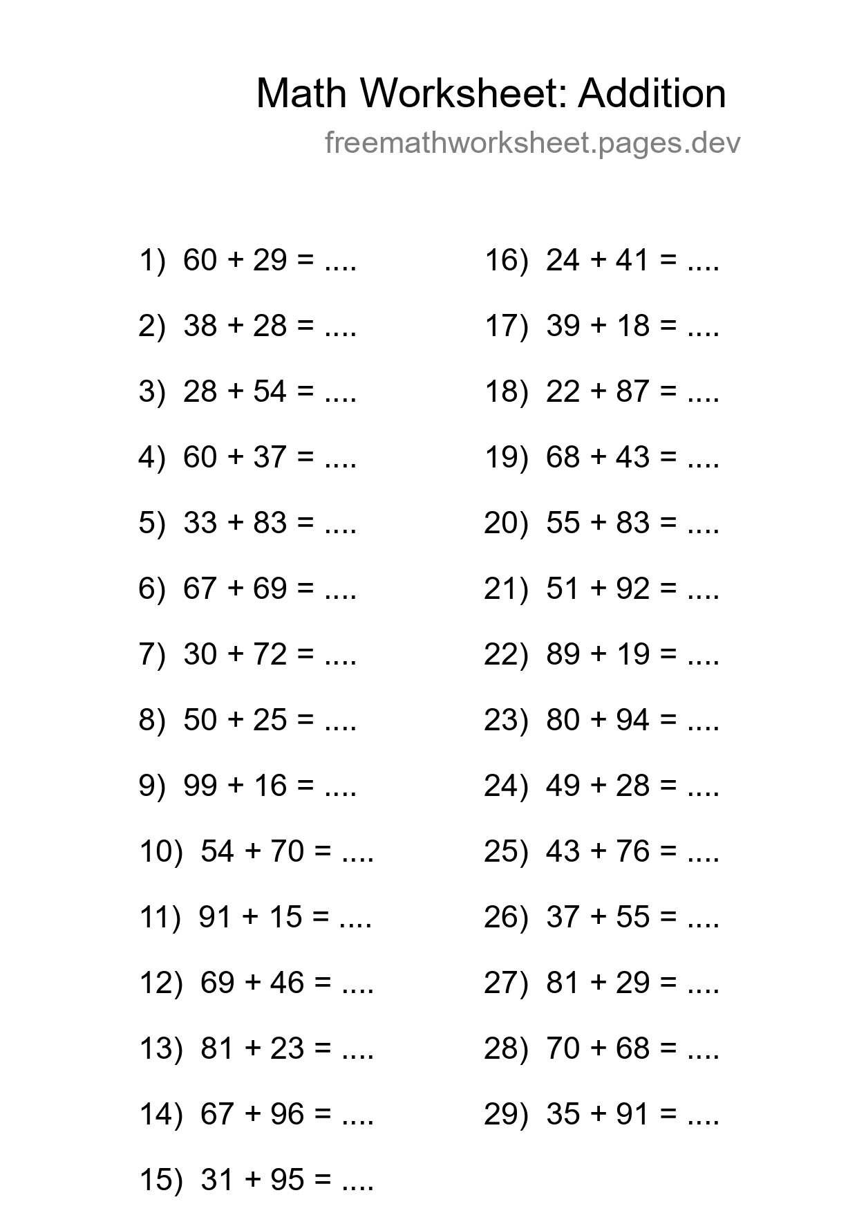 Printable Free 29 Addition Math Worksheet For Grade 3 - Part 261