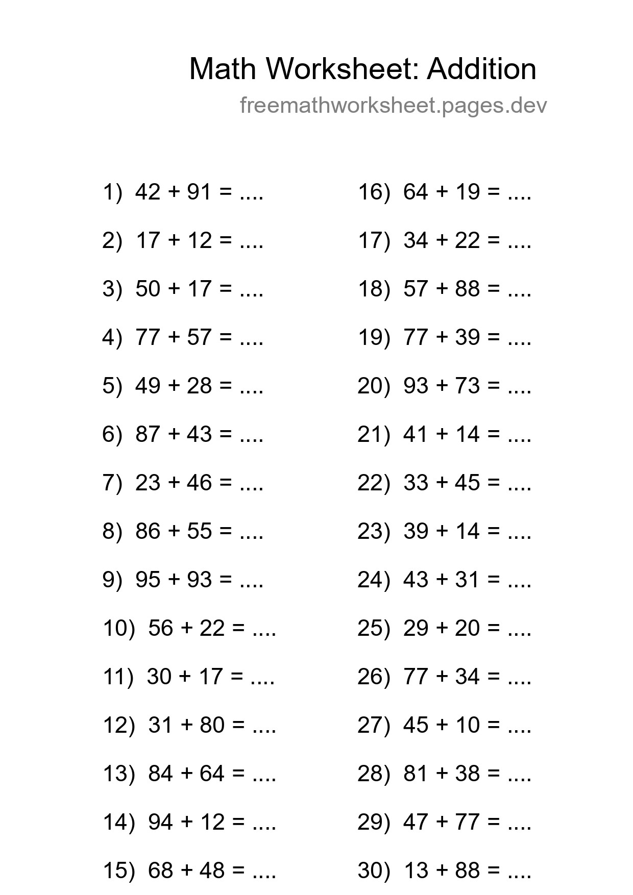Printable Free 30 Addition Math Worksheet For Grade 3 - Part 21