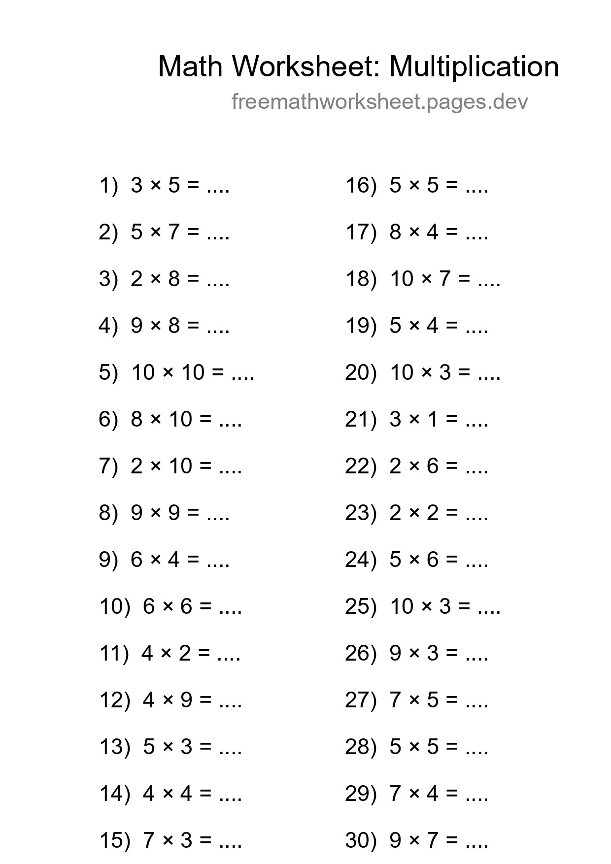 Printable Free 30 Multiplication Math Worksheet For Grade 1 - Part 17